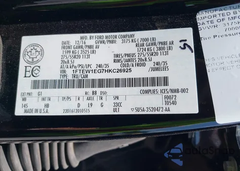 2017 Ford F-150 Lariat from USA, damaged, VIN 1FTEW1EG7HKC26925